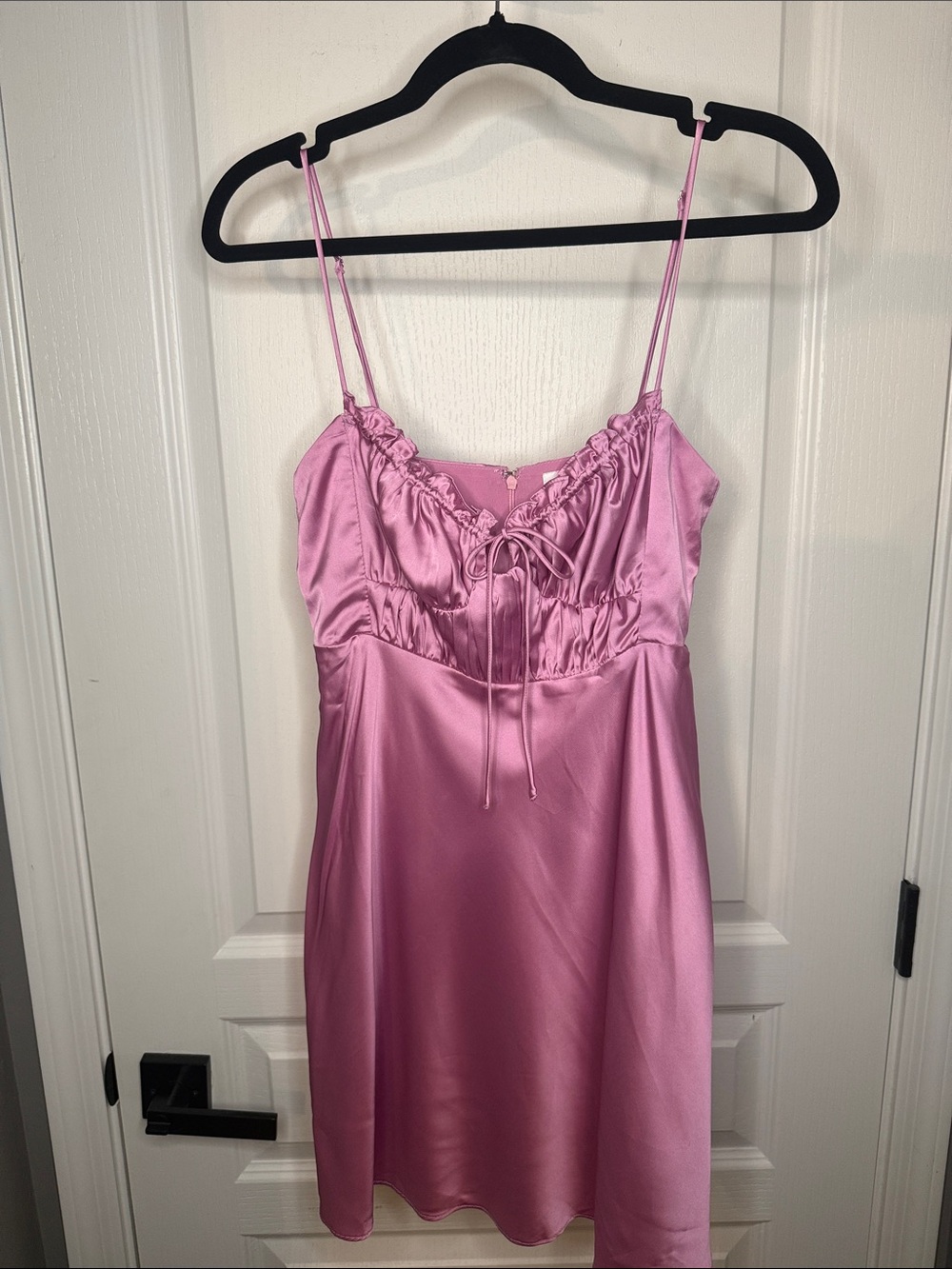 Astr Pink Satin Mini Slip Dress with Ruched Bust & Tie